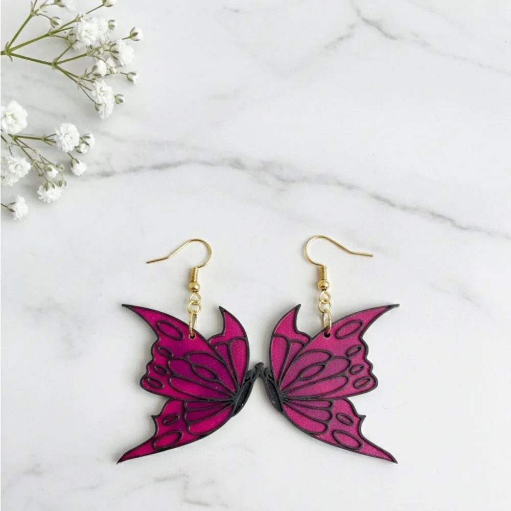 Magenta Butterfly Earrings - Picture 2 of 5